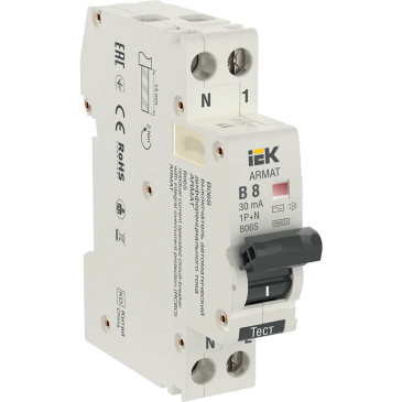 Автоматический выключатель дифференциального тока двухполюсный IEK ARMAT B06S B8 AC30 1P+N, сила тока 8 А, переменный, тип расцепления B, отключающая способность 6 kА