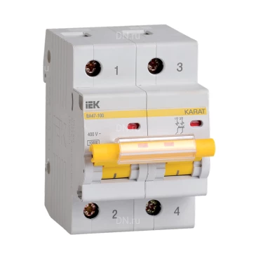 Автоматический выключатель модульный двухполюсный IEK KARAT ВА47-100 2Р (С) 50А 10кА, сила тока 50А, тип расцепителя C, отключающая способность 10кА MVA40-2-050-C