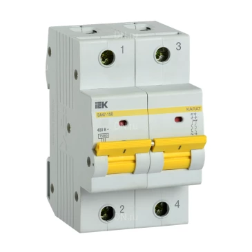 Автоматический выключатель модульный двухполюсный IEK KARAT ВА47-150 2Р (C) 125А 15кА, сила тока 125А, тип расцепителя C, отключающая способность 15кА MVA50-2-125-C