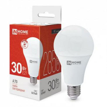 Лампа светодиодная IN HOME LED-A70-VC опаловая, мощность - 30 Вт, цоколь - E27, световой поток - 2850 лм, цветовая температура - 4000 K, форма - грушевидная