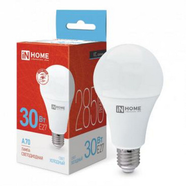 Лампа светодиодная IN HOME LED-A70-VC опаловая, мощность - 30 Вт, цоколь - E27, световой поток - 2850 лм, цветовая температура - 6500 K, форма - грушевидная