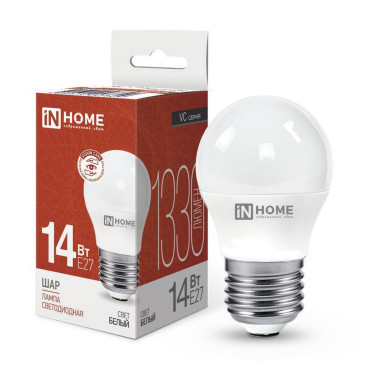 Лампа светодиодная IN HOME LED-шар-VC матовая, мощность - 14 Вт, цоколь - E27, световой поток - 1330 лм, цветовая температура - 4000 K, форма - шар