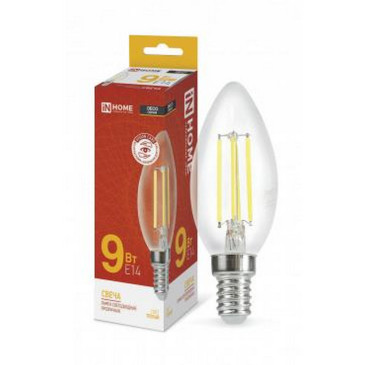 Лампа светодиодная IN HOME LED-свеча-deco, мощность - 9 Вт, цоколь - E14, световой поток - 1040 лм, цветовая температура - 3000 K, форма - свеча