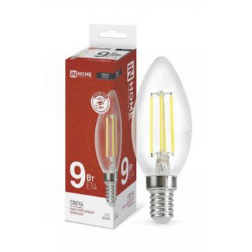 Лампа светодиодная IN HOME LED-свеча-deco прозрачная, мощность - 9 Вт, цоколь - E14, световой поток - 1040 лм, цветовая температура - 4000 K, форма - свеча