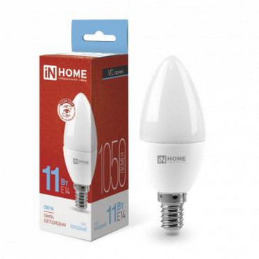 Лампа светодиодная IN HOME LED-свеча-VC матовая, мощность - 11 Вт, цоколь - E14, световой поток - 1050 лм, цветовая температура - 6500 K, форма - свеча