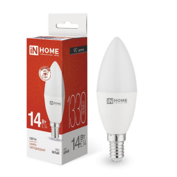 Лампа светодиодная IN HOME LED-свеча-VC матовая, мощность - 14 Вт, цоколь - E14, световой поток - 1330 лм, цветовая температура - 4000 K, форма - свеча