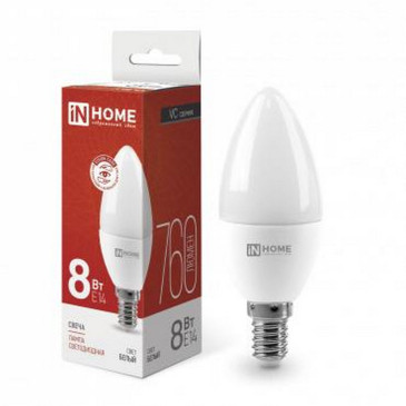 Лампа светодиодная IN HOME LED-свеча-VC матовая, мощность - 8 Вт, цоколь - E14, световой поток - 760 лм, цветовая температура - 4000 K, форма - свеча