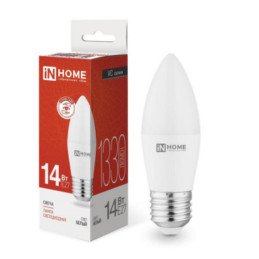 Лампа светодиодная IN HOME LED-свеча-VC матовая, мощность - 14 Вт, цоколь - E27, световой поток - 1330 лм, цветовая температура - 4000 K, форма - свеча