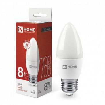 Лампа светодиодная IN HOME LED-свеча-VC матовая, мощность - 8 Вт, цоколь - E27, световой поток - 760 лм, цветовая температура - 4000 K, форма - свеча