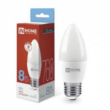 Лампа светодиодная IN HOME LED-свеча-VC матовая, мощность - 8 Вт, цоколь - E27, световой поток - 760 лм, цветовая температура - 6500 K, форма - свеча