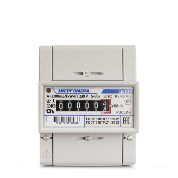 Счетчик электроэнергии однофазный Энергомера CE101 R5 M6/60A-5A напряжение питания 230В, 50Гц, количество тарифов - 1, класс точности 1, на DIN-рейку