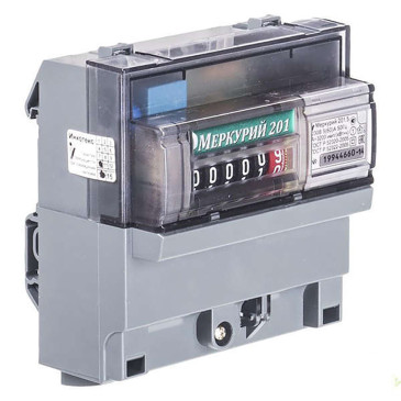Счетчик электроэнергии однофазный Инкотекс Меркурий 201 05/60А-5А напряжение питания 230В, 50Гц, количество тарифов - 1, класс точности 1, на DIN-рейку