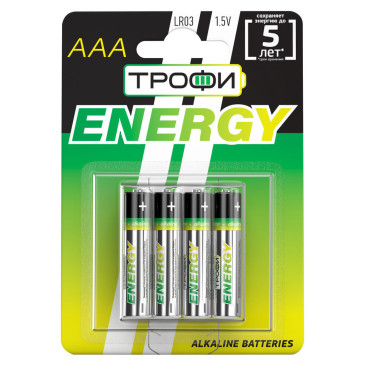 Батарейки ТРОФИ ENERGY Alkaline количество - 4, размер - LR03, емкость - 1.12 Ач