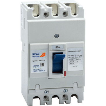 Автоматический выключатель трехполюсный КЭАЗ OptiMat E100 80А 10кА, сила тока 80 A, отключающая способность 10 кА