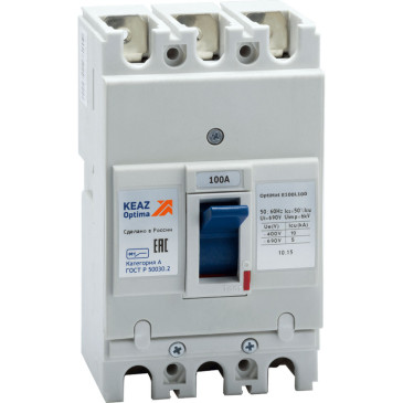 Автоматический выключатель трехполюсный КЭАЗ OptiMat E100 100А 10кА, сила тока 100 A, отключающая способность 10 кА