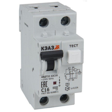 Автоматический выключатель дифференциального тока двухполюсный КЭАЗ АВДТ32 6кА 2P C20 А30, ток утечки 30 мА, переменный, сила тока 20 А