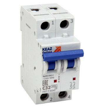 Автоматический выключатель двухполюсный КЭАЗ OptiDin BM63 6кА 2P (C) 2 А, сила тока 2 A, тип расцепителя C, отключающая способность 6 кА