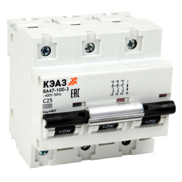 Автоматический выключатель трехполюсный КЭАЗ ВА47-100 3P (C) 63А 10кА, сила тока 63 A, тип расцепителя C, отключающая способность 10 кА