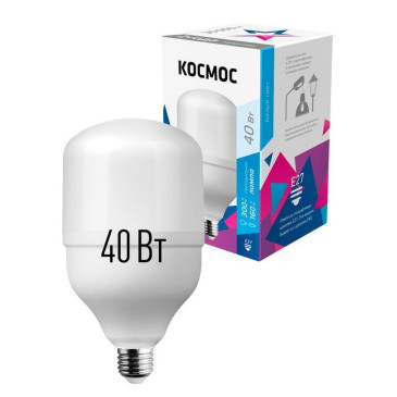 Лампа светодиодная КОСМОС HВтLED матовая, мощность - 40 Вт, цоколь - E27, световой поток - 3650 лм, цветовая температура - 4500 K, форма - цилиндрическая