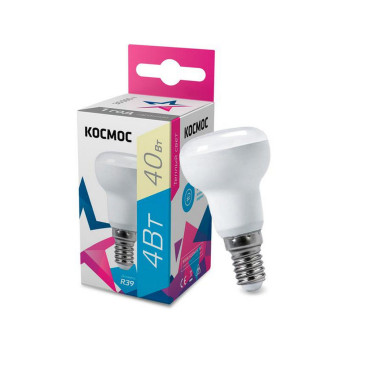 Лампа светодиодная КОСМОС R39 матовая, мощность - 4 Вт, цоколь - E14, световой поток - 300 лм, цветовая температура - 3000 K, форма - рефлектор