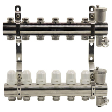 Коллекторная группа KROMWELL EU.ST6079 1″x3/4″x6 Ду25х20 Ру10 с термостатическими вставками, запорными клапанами, воздухоотводчиками и дренажем EUROS