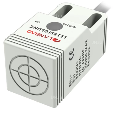 Датчик индуктивный LANBAO LE18SF05DPC прямоугольный, монтаж - заподлицо, расстояние срабатывания - 5мм, тип выходного сигнала - PNP NC, соединение - кабель 2м, материал корпуса - пластик, IP67