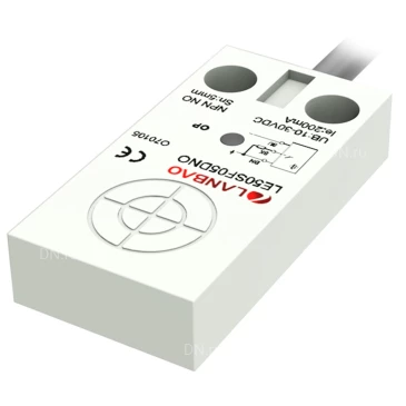 Датчик индуктивный LANBAO LE50SF05DPO прямоугольный, монтаж - заподлицо, расстояние срабатывания - 5мм, тип выходного сигнала - PNP NO, соединение - кабель 2м, материал корпуса - пластик, IP67