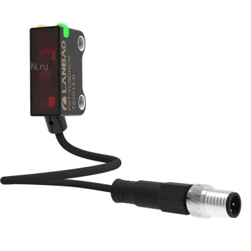 Датчик оптический LANBAO PST-SR25DPCR-F3, прямоугольный корпус, диффузный с конвергентным лучом, выход PNP, питание - 12-24В, кабель - PVC с разъемом M8 3-pin, IP67, расстояние срабатывания - 25мм, материал корпуса - пластик