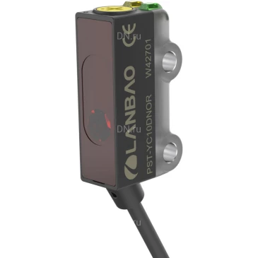 Датчик оптический LANBAO PST-YC10DNOS, прямоугольный корпус, диффузный, выход NPN, питание - 12-24В, кабель - 2м, IP67, расстояние срабатывания - 100мм, материал корпуса - пластик