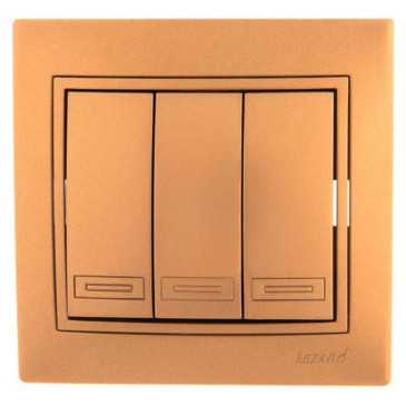 Выключатель трехклавишный LEZARD Mira скрытой установки, номинальный ток - 10 А, степень защиты IP20, цвет - золотой металлик