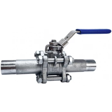 Кран шаровой Lotar LTR-TE0A/6 Ду100 Ру25 полнопроходной, трехсоставной, приварной, корпус - нержавеющая сталь AISI 316 (CF8M), уплотнение - PTFE, управление - рукоятка-рычаг