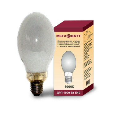 Лампа газоразрядная МЕГАВАТТ ДРЛ, ртутная, мощность - 1000 Вт, цоколь - E40, световой поток - 52000 лм, форма - эллипсоидная