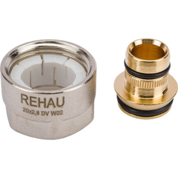 Адаптер зажимной Rehau RAUTITAN flex Дн20x2.8-G3/4″ Ру10 латунный, с накидной гайкой, внутренняя резьба (евроконус), для PE-X труб