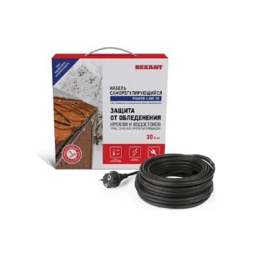 Кабель нагревательный REXANT POWER Line 30SRL-2CR 240Вт, саморегулирующийся, в комплекте с евровилкой, тепловая мощность - 30Вт/м, длина - 8м, цвет - черный, 220В
