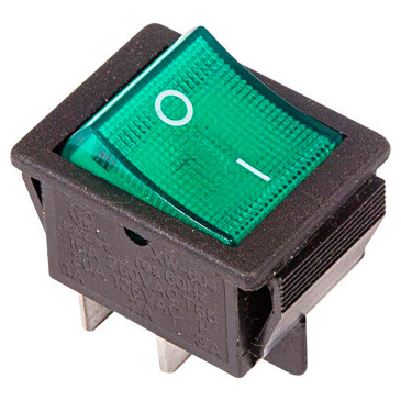 Выключатель клавишный Rexant RWB-502 ″ON-OFF″ с подсветкой, 2х2 контактов 16А, 250В, IP30, цвет – зеленый