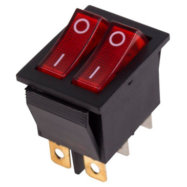 Выключатель клавишный Rexant RWB-511 ″ON-OFF″ двойной с подсветкой, 2х3 контактов 15А, 250В, IP30, цвет – красный