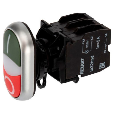 Кнопка Rexant LA32 ″I-O″ комбинированная, контакты 1НЗ+1НО, LED лампа 230В, IP40, цвет – красный/зеленый