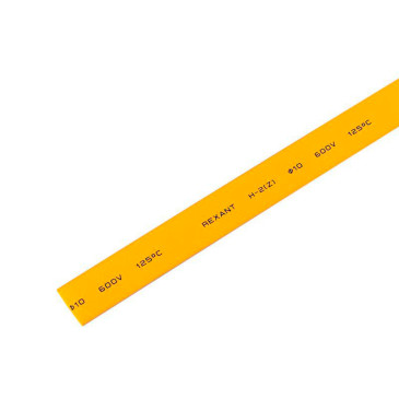 Трубка термоусадочная REXANT ТУТ нг Дн10/5 L=1 м тонкостенная, с подавлением горения, диаметр до усадки 10 мм, диаметр после усадки 5 мм, материал - полиолефин, коэффициент усадки - 2:1, цвет - желтый
