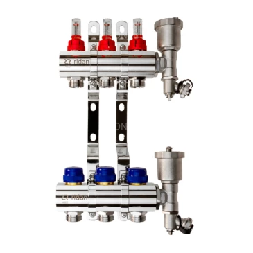 Коллекторная группа Ридан FHF-7RF 1″x7x3/4″ Ду25 Ру6 с расходомерами, с воздухоотводчиками, с кронштейнами, корпус - латунь Коллекторная группа Ридан FHF-7RF 1″x7x3/4″ Ду25 Ру6 с расходомерами, с воздухоотводчиками, с кронштейнами, корпус - латунь
