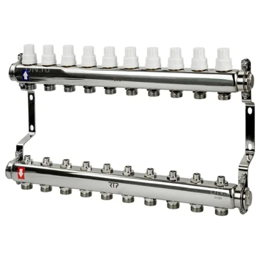 Коллекторная группа РосТурПласт 1″x10x3/4″ Ду25 Ру10 с регулирующими клапанами и кронштейном, под евроконус, корпус - нержавеющая сталь Коллекторная группа РосТурПласт 1″x10x3/4″ Ду25 Ру10 с регулирующими клапанами и кронштейном, под евроконус, корпус - нержавеющая сталь