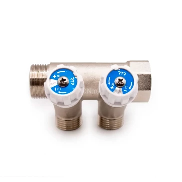 Коллектор РосТурПласт 3/4″x1/2″x2 Ду20 Ру10 с вентилями, наружная резьба, корпус - латунь, покрытие - никель