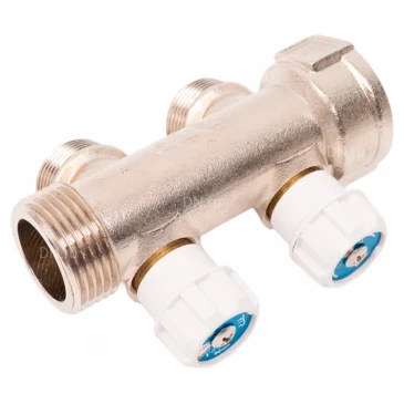 Коллектор РосТурПласт 1″x3/4″x2 Ду25 Ру10 с вентилями, наружная резьба, корпус - латунь, покрытие - никель Коллектор РосТурПласт 1″x3/4″x2 Ду25 Ру10 с вентилями, наружная резьба, корпус - латунь, покрытие - никель
