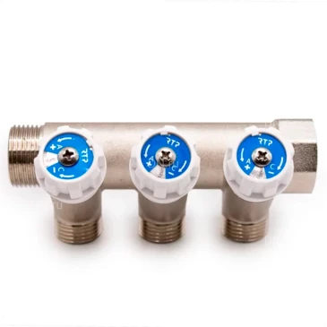 Коллектор РосТурПласт 1″x3/4″x3 Ду25 Ру10 с вентилями, наружная резьба, корпус - латунь, покрытие - никель Коллектор РосТурПласт 1″x3/4″x3 Ду25 Ру10 с вентилями, наружная резьба, корпус - латунь, покрытие - никель