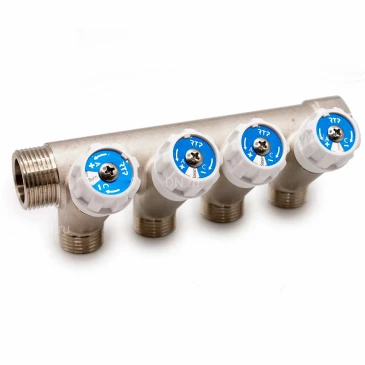Коллектор РосТурПласт 1″x3/4″x4 Ду25 Ру10 с вентилями, наружная резьба, корпус - латунь, покрытие - никель Коллектор РосТурПласт 1″x3/4″x4 Ду25 Ру10 с вентилями, наружная резьба, корпус - латунь, покрытие - никель