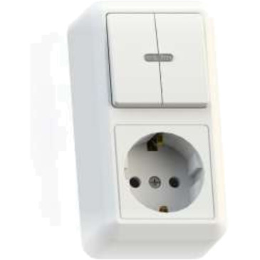 Блок комбинированный Кунцево-Электро Оптима БКВР-433 выключатель 2-клавишный с подсветкой + розетка с заземлением, цвет - белый