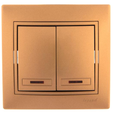 Выключатель двухклавишный LEZARD СП Mira 10А, с подсветкой, IP20, цвет - золотой металлик со вставкой