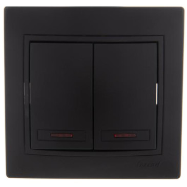 Выключатель двухклавишный LEZARD СП Mira 10А 1 пост с подсветкой, IP20, цвет - черный бархат