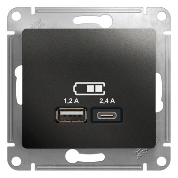 Розетка Systeme Electric Glossa USB тип A+C 5В/2.4А 2х5В/1.2А, механизм, цвет - антрацит