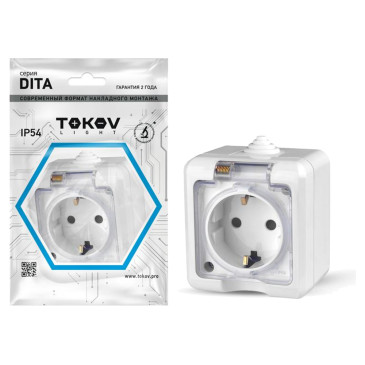 Розетка TOKOV ELECTRIC Dita 1-местная для открытой установки 16А, IP54 250В с заземлением, с прозрачной крышкой, цвет - белый