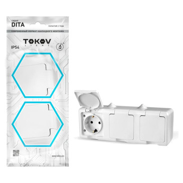 Розетка TOKOV ELECTRIC 3-местная для открытой установки 16А, IP54 250В с заземлением с крышкой, цвет - белый